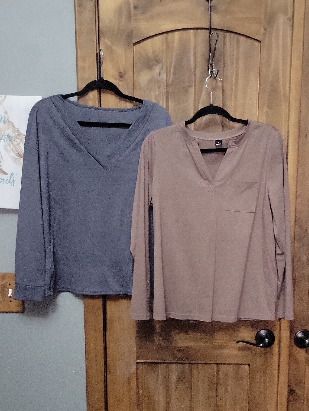 2 Women's Long Sleeve V-Neck Pullover Top - Gray & Brown